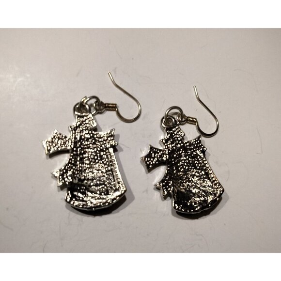 Christmas Bell Earrings Silver Blue Holly Dangle Drop Hook Silver Vintage Enamel - Picture 4 of 4